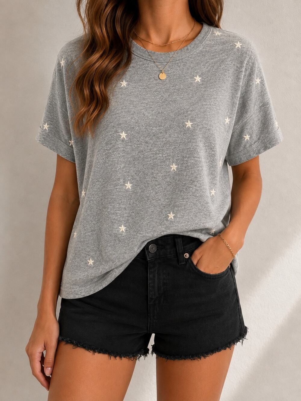 POLAGRAM Gray Embroidered Star Tee Cotton Casual Graphic T-Shirt Small